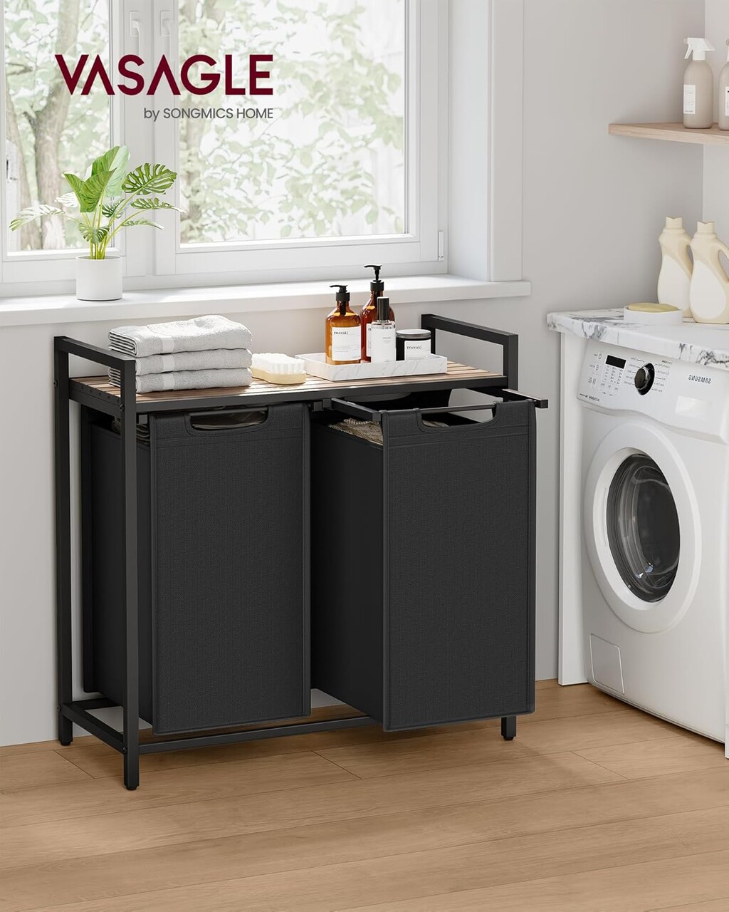 Cos de rufe cu 2 compartimente si raft, Vasagle, 73x33x72 cm, 2 x 46 L, MDF/otel/tesatura Oxford, negru - imagine 7